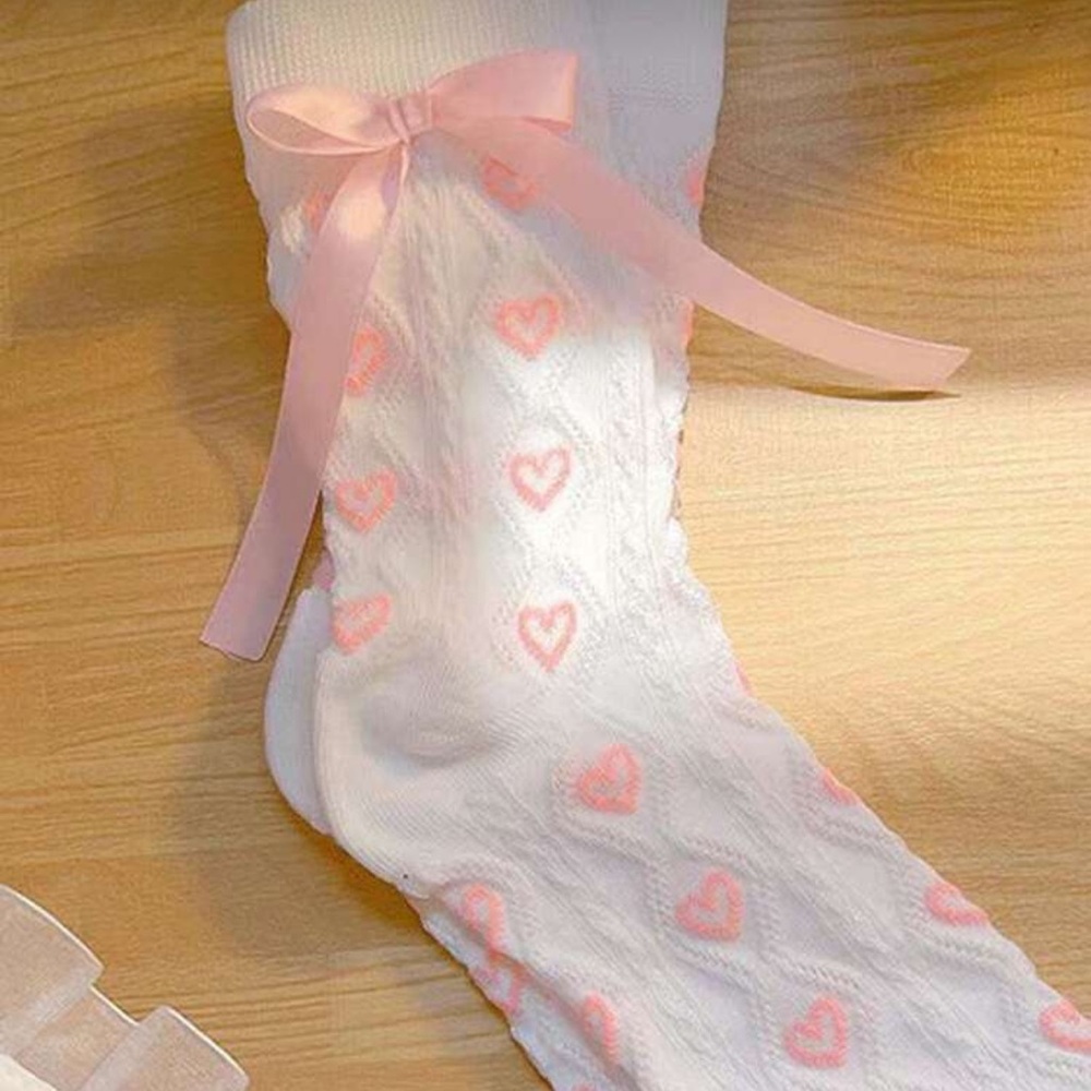 Mid-Calf Socks With Pink Heart & Large Bow Knot